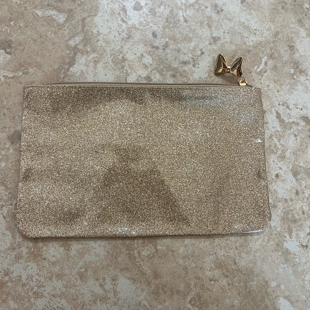 Disney Minnie Mouse Glitter Toiletry Bag | Gold Makeup Pouch with Bow Zipper